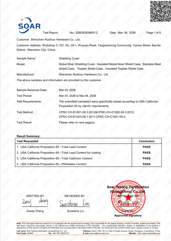 First page of the supplied California Proposition 65 test report